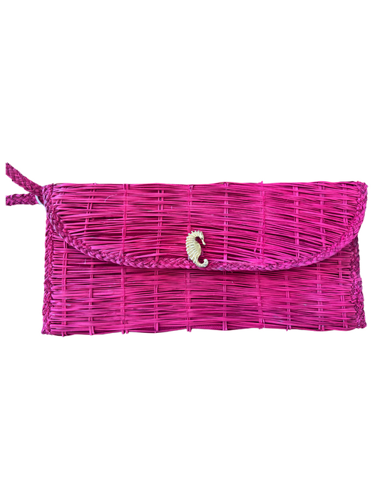 Pink woven clutch with seahorse - Coastal Brahmin