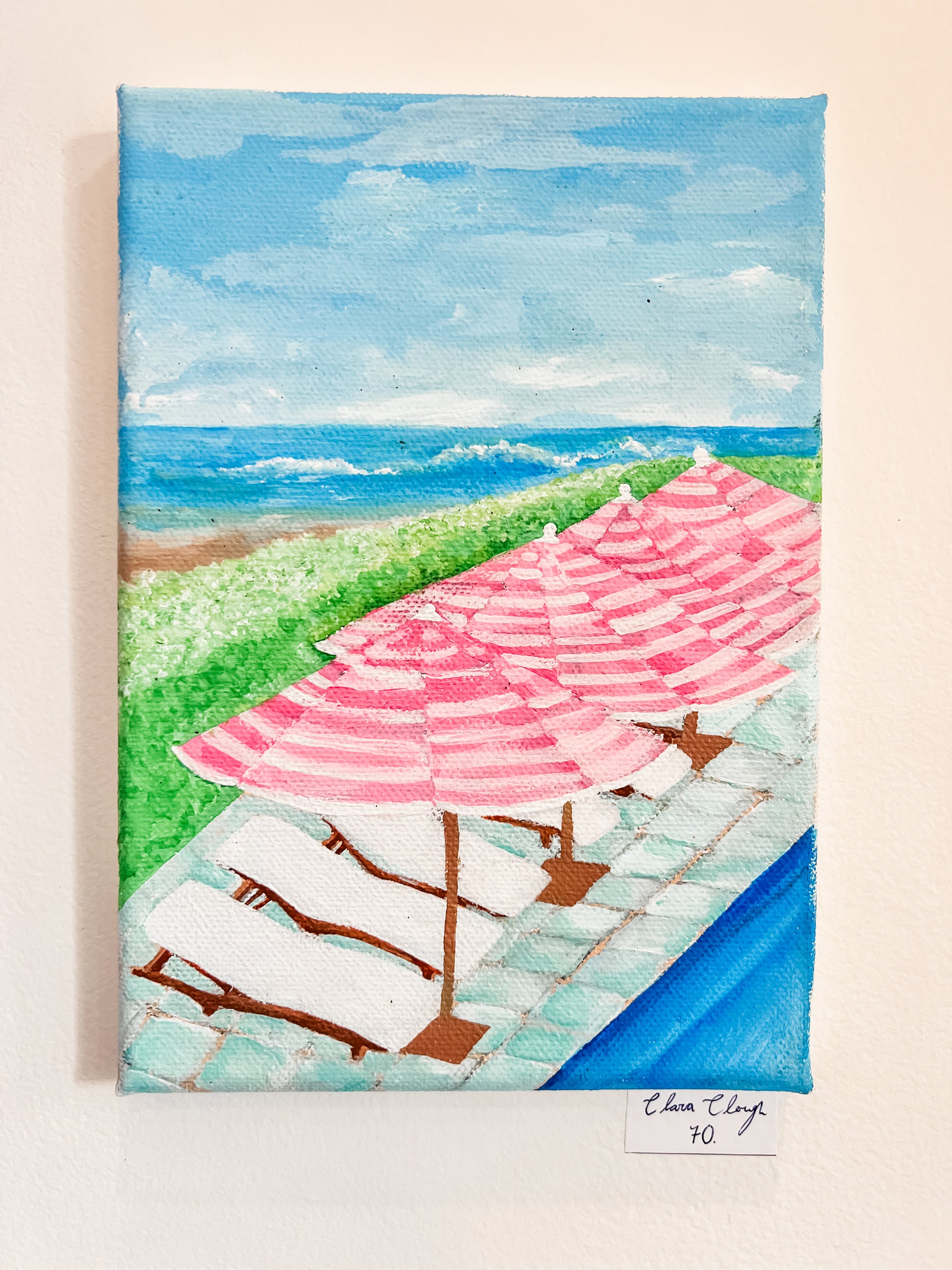 Pink Umbrellas Watercoler by artist Clara Clough - Coastal Brahmin